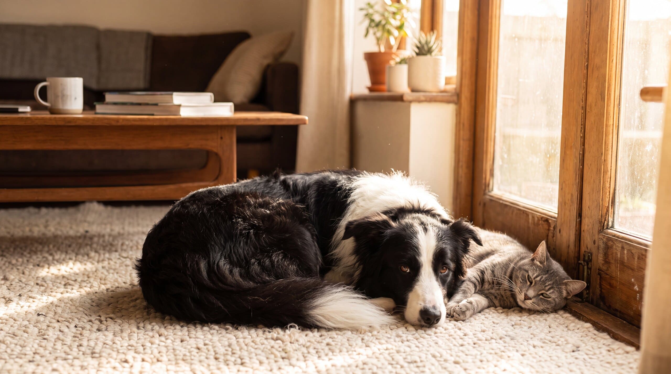 A dog and cat resting together in a sunny home