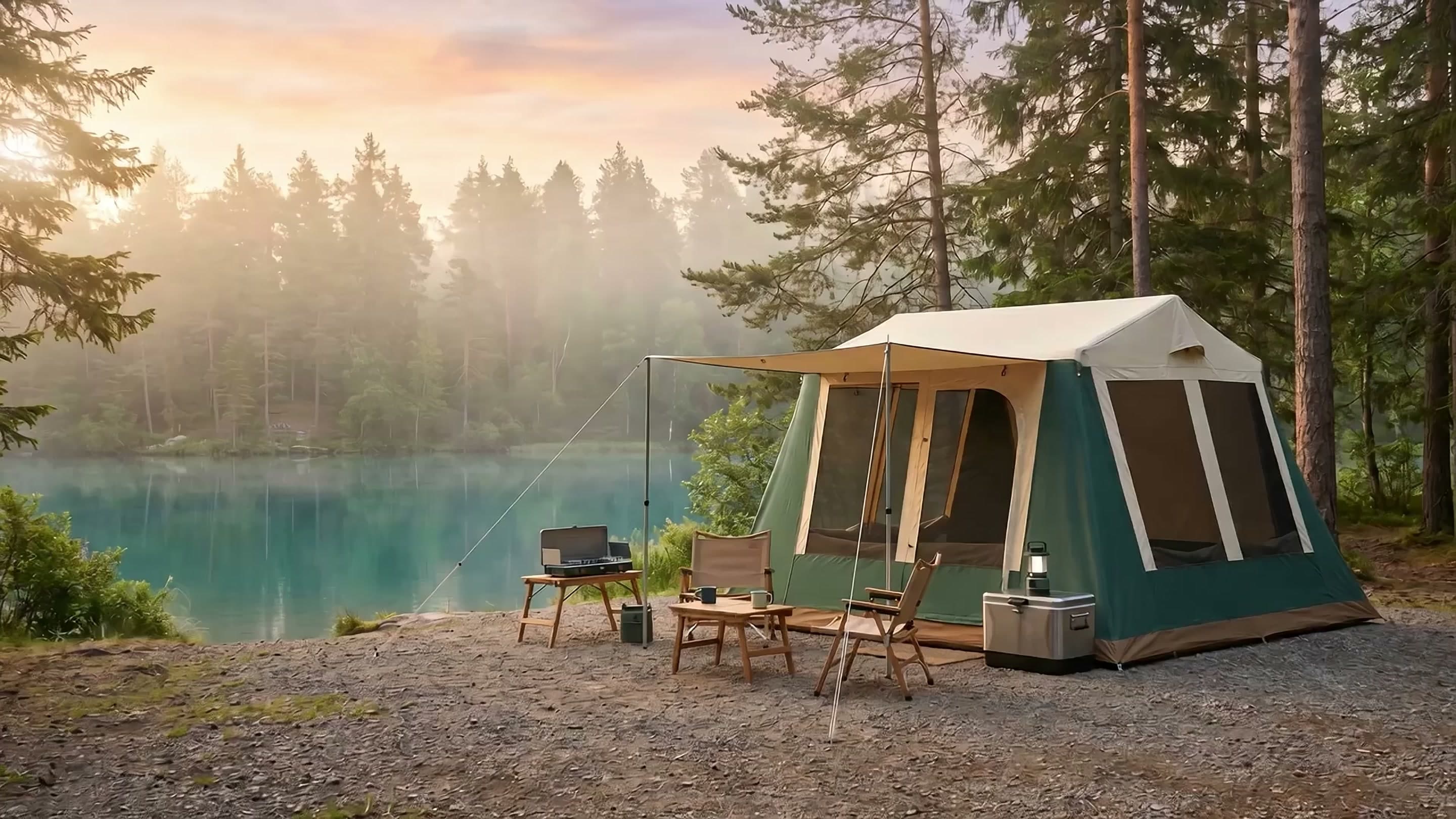 A carefully equipped campsite beside a mountain lake