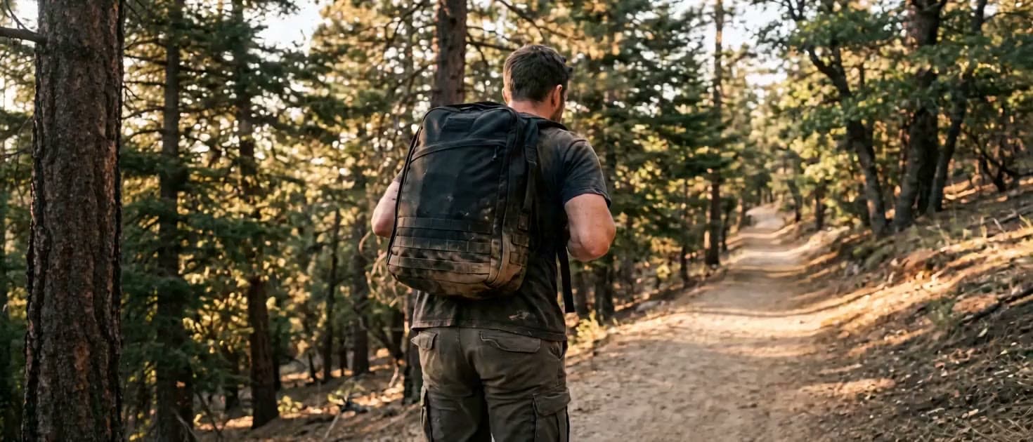 A rucker carrying a weighted pack on a wooded trail