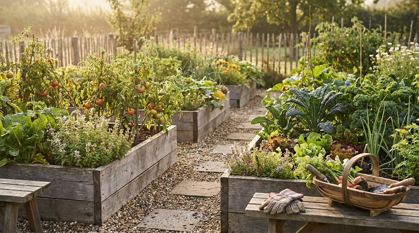 A productive raised-bed vegetable garden in warm evening light