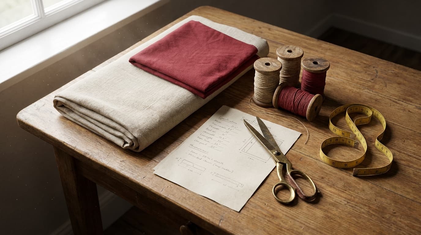 Fabric, thread, measuring tape, and shears on a maker's worktable